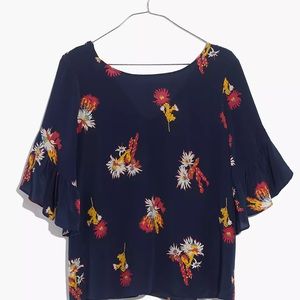 Madewell Silk Ruffle-Sleeve Top in Cactus Flower